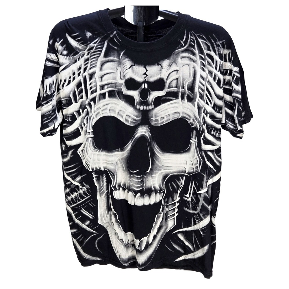 Men's Liquid Blue Large Skull AOP Black White Graphic T-Shirt Goth Emo